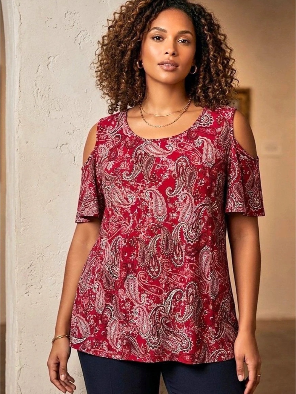 Catherines Paisley Cold Shoulder Tunic in Red & White Size 3X Like New
